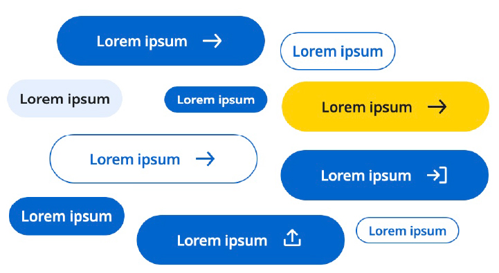 Array of buttons of various colors, sizes, and icons