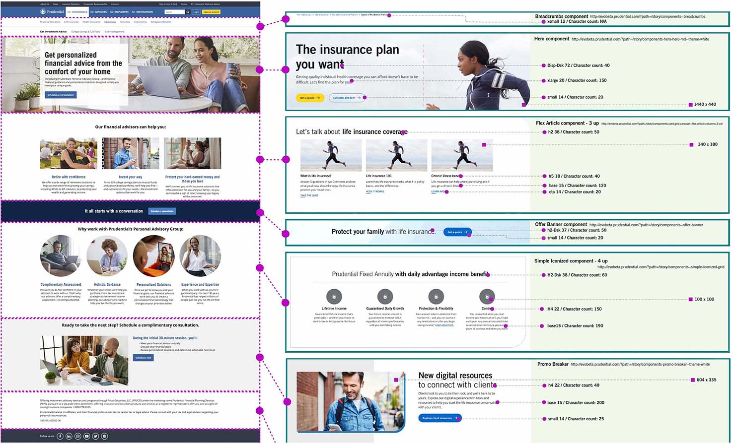 Example of a page component mapping exercise. The old page is shown with arrows mapping each section to a new design system component.